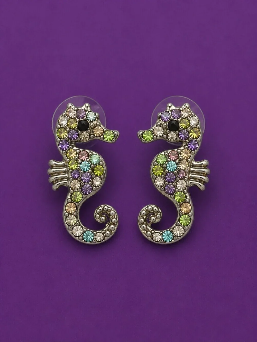3/$30 Pastel Paved Rhinestone Seahorse Post Earrings